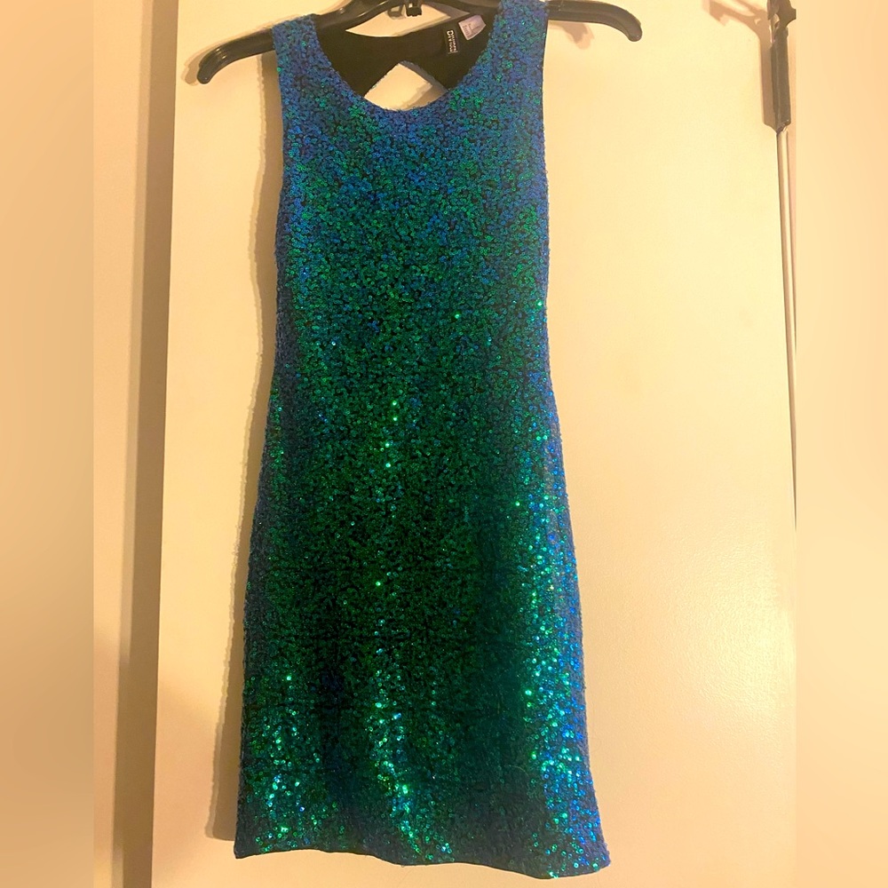 H&M Divided blue/ green metallic sequins bodycon mini Prom Party‎ dress sz 2 - Picture 7 of 12